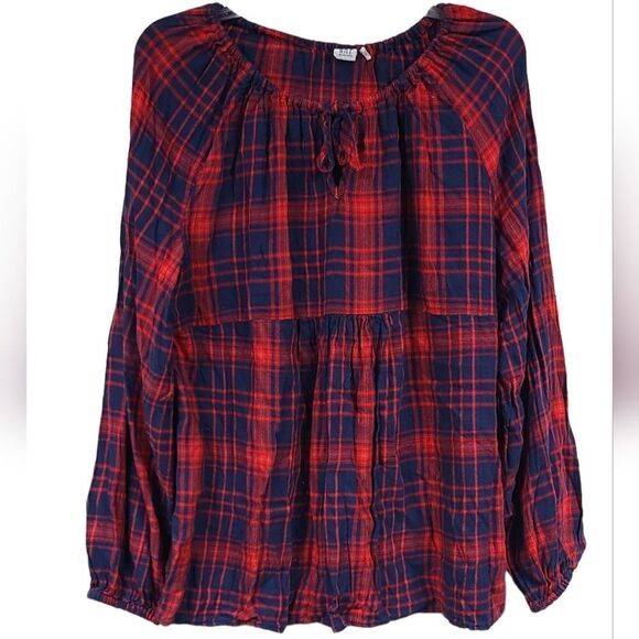 GAP Maternity Split-Neck Red Plaid Top Long Sleeve Flannel Shirt Bow Tie Keyhole - Picture 3 of 10
